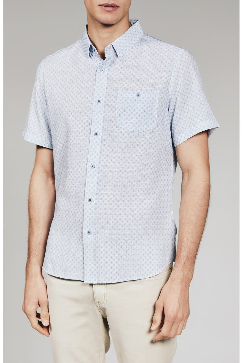 Callisto Geo Print Textured Short Sleeve Stretch Button-Up Shirt, Main, color, STONE BLUE