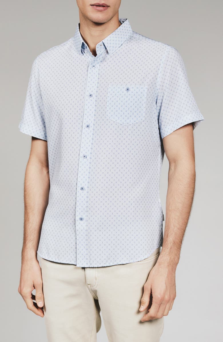 7 Diamonds Callisto Geo Print Textured Short Sleeve Stretch Button-Up Shirt, Main, color, Stone Blue