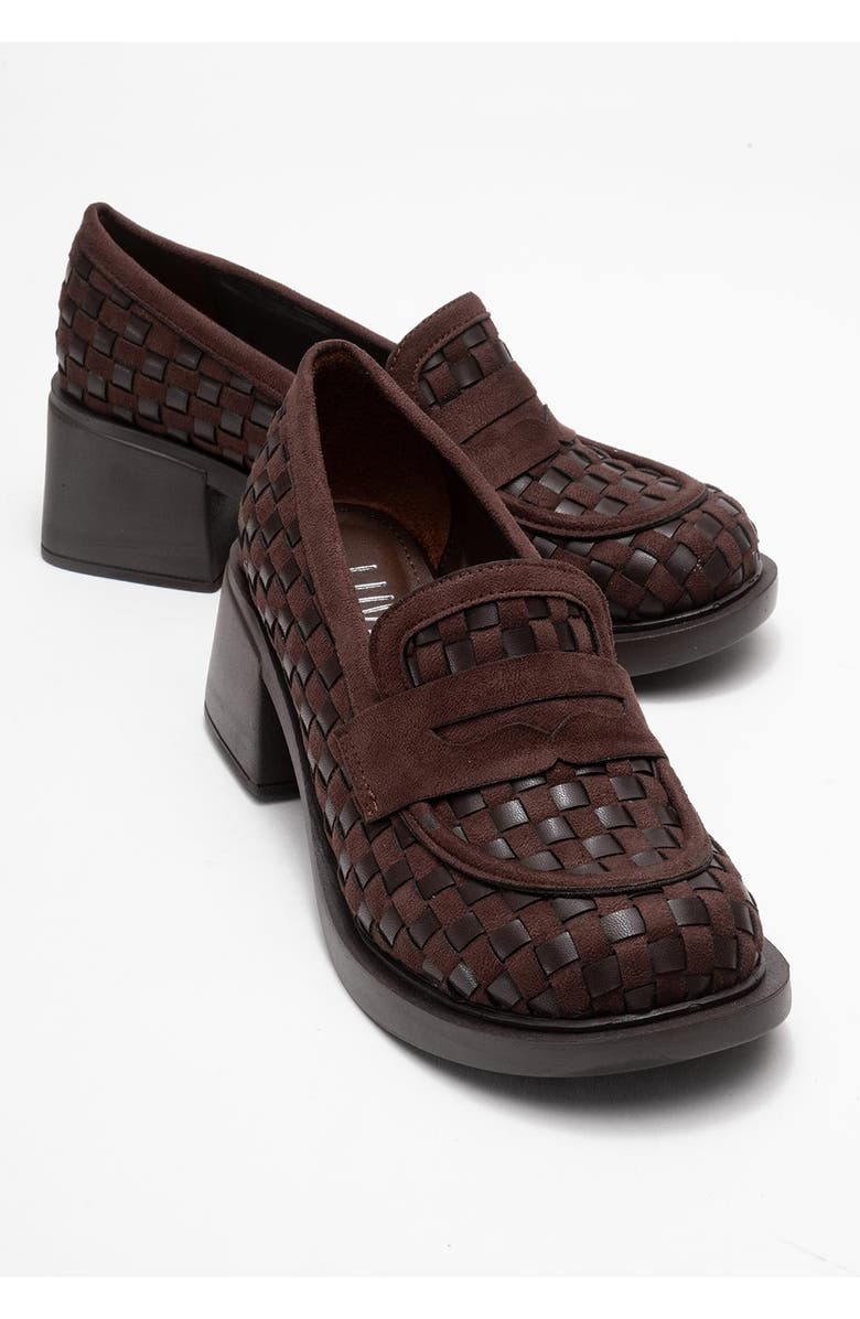 Prologue Shoes Marlon Woven Block Heel Loafer, Alternate, color, Brown Faux Leather