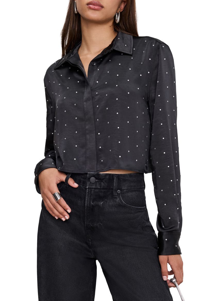 Crystal Embellished Satin Button-Up Crop Shirt, Main, color, BLACK001