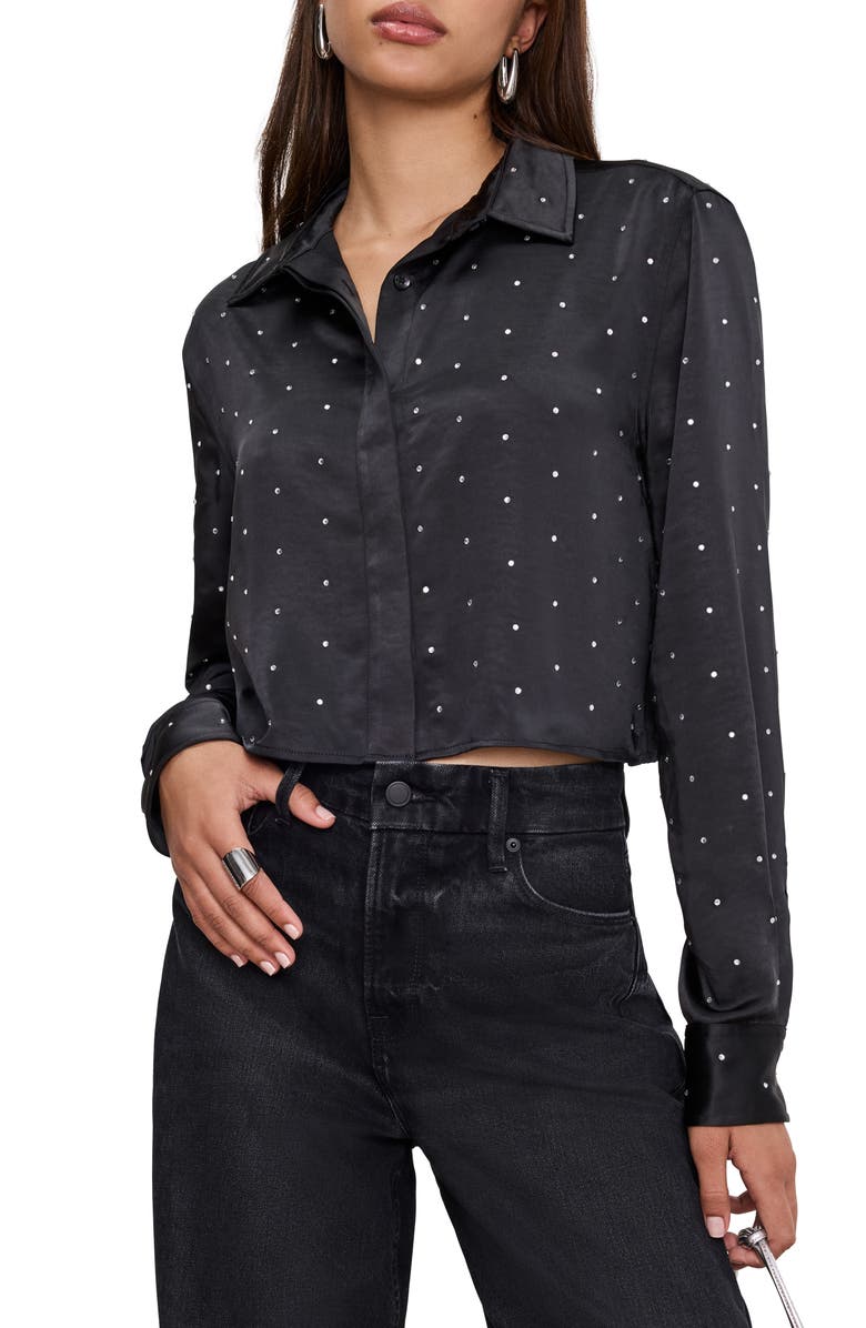 Good American Crystal Embellished Satin Button-Up Crop Shirt, Main, color, Black001