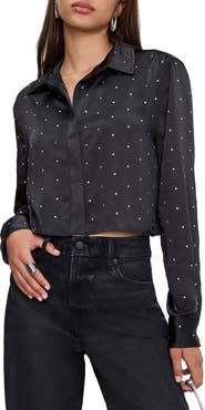 Good American Crystal Embellished Satin Button-Up Crop Shirt