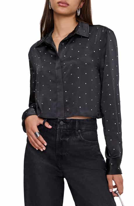 Good American Crystal Embellished Satin Button-Up Crop Shirt