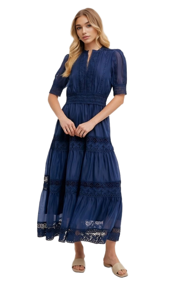Knit and Lounge Lace Pintuck Tiered Midi Dress, Alternate, color, Navy