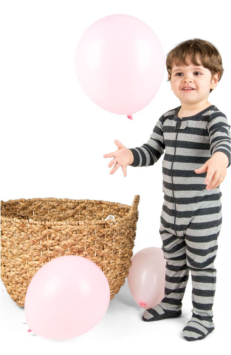 Leveret Kids Cotton Footed Pajamas, Solids, Stripes & Tie Dye, Alternate, color, Striped Dark Gray & Light Gray