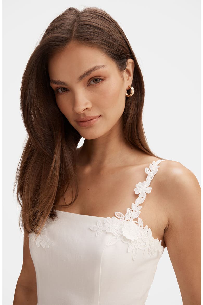 Rosette Floral Appliqué Linen Blend Fit & Flare Dress, Alternate, color, PORCELAIN