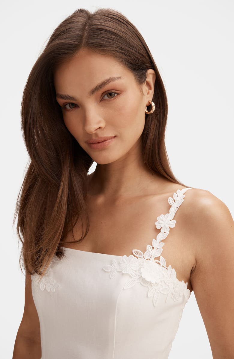Ever New Rosette Floral Appliqué Linen Blend Fit & Flare Dress, Alternate, color, Porcelain