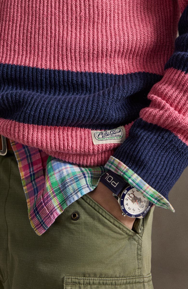 Polo Ralph Lauren Stripe Linen & Cotton Rugby Sweater, Alternate, color, Navy Pink Combo