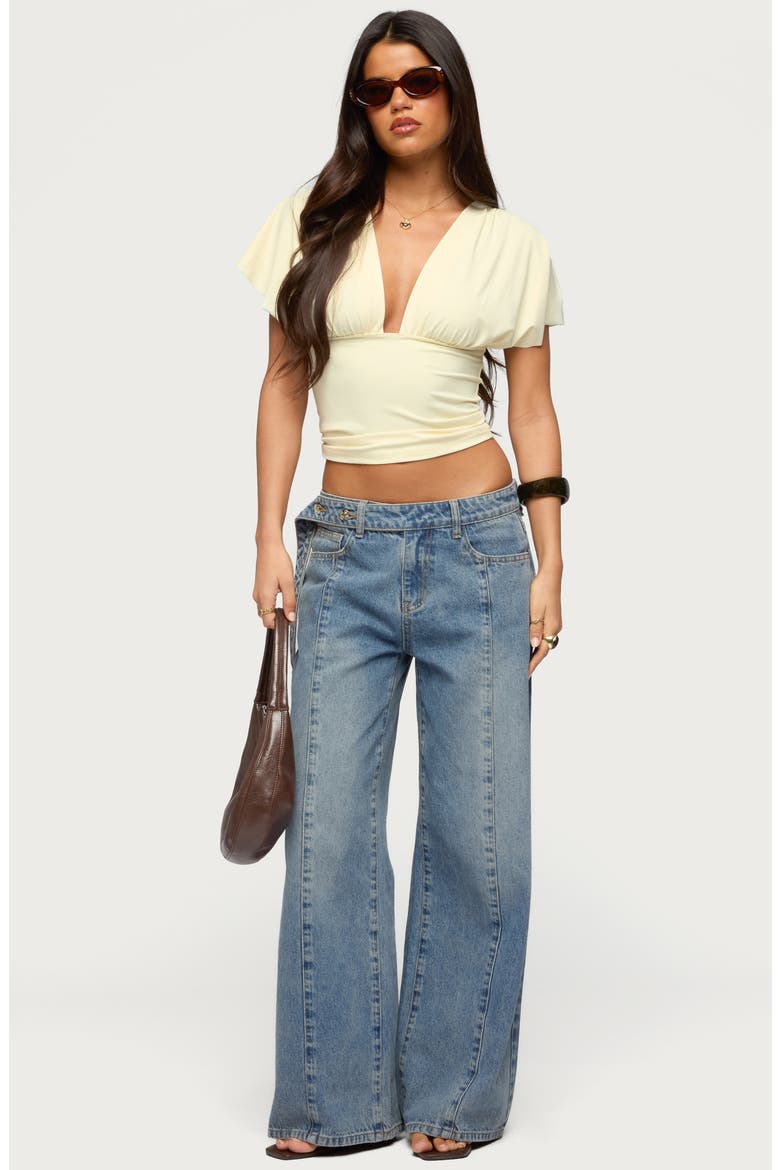 Button Tab Waist Low Rise Wide Leg Jeans, Alternate, color, LIGHT-BLUE