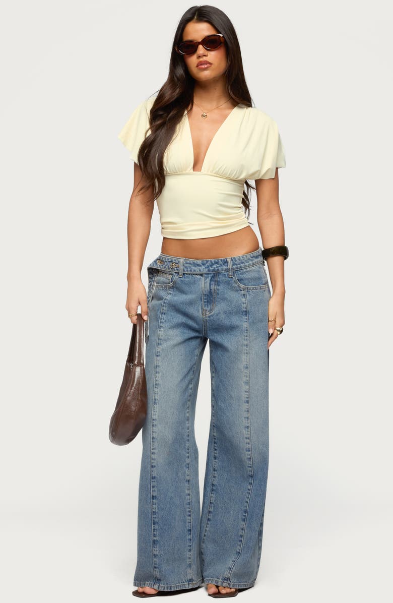 EDIKTED Button Tab Waist Low Rise Wide Leg Jeans, Alternate, color, Light-Blue