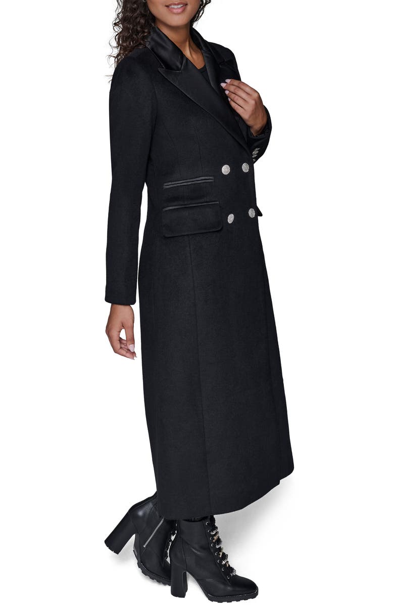 KARL LAGERFELD PARIS Tuxedo Wool Blend Longline Coat, Alternate, color, Black
