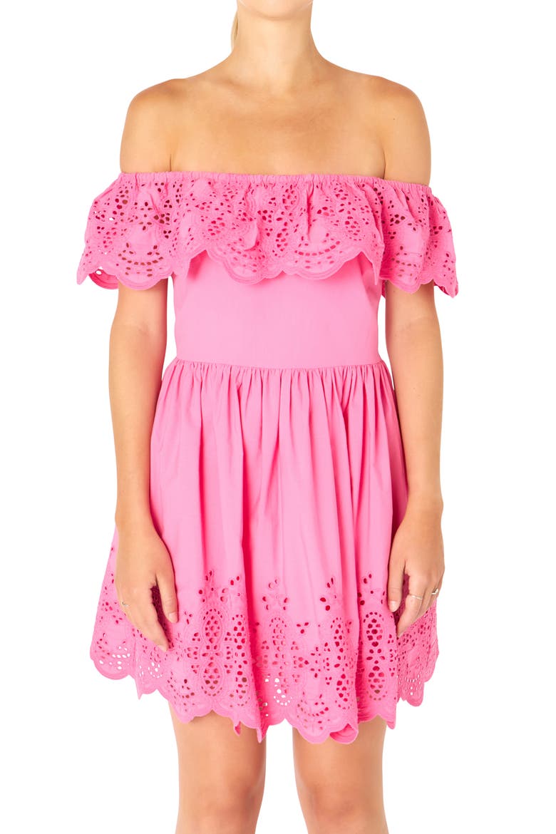 Scalloped Off the Shoulder Broderie Anglaise Dress, Alternate, color, FUCHSIA