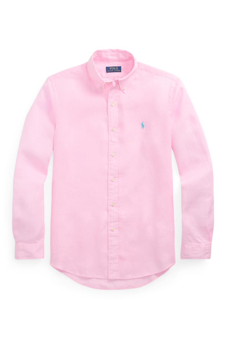 Classic Fit Solid Pink Linen Button-Down Shirt, Alternate, color, CARMEL PINK