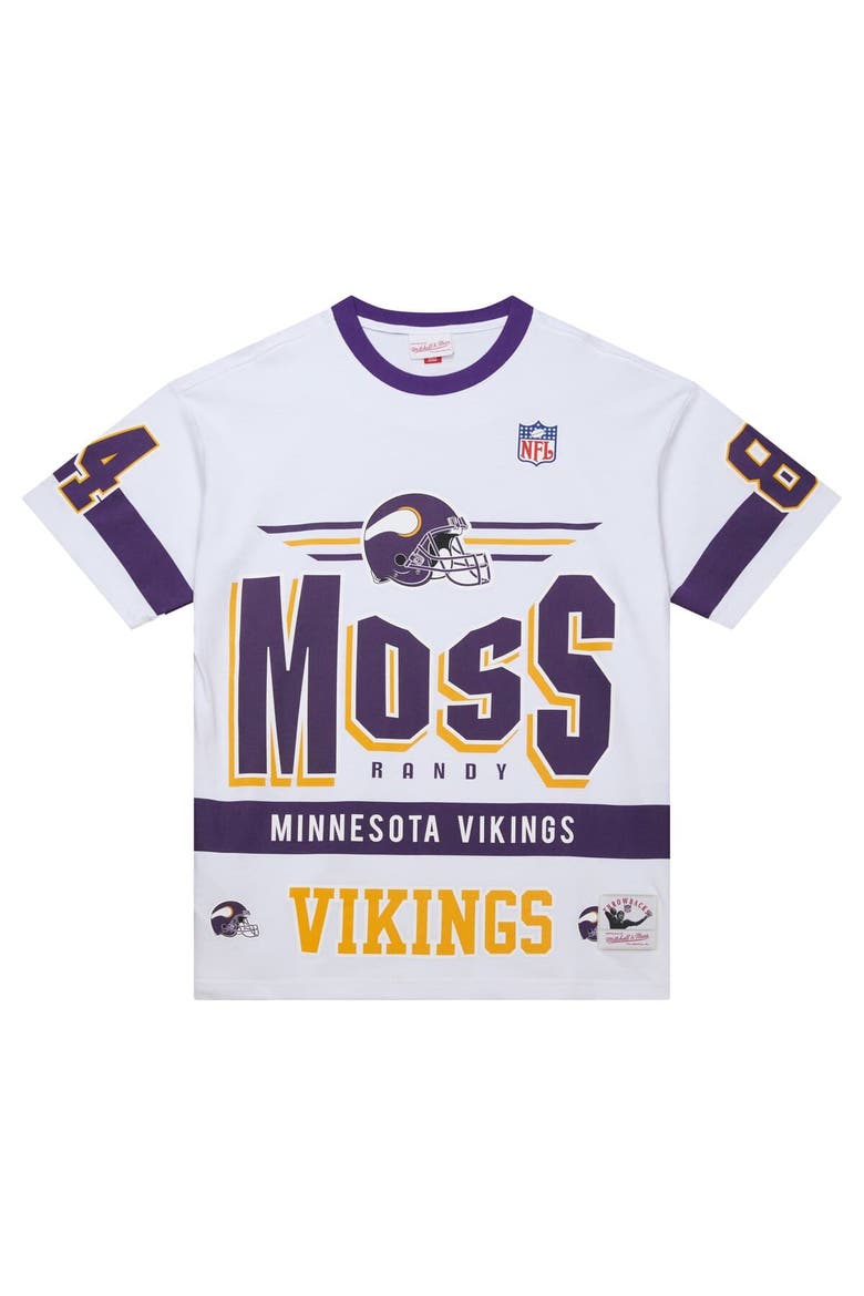 Men's Mitchell & Ness Randy Moss White Minnesota Vikings Name & Number Team Origins Vintage Logo T-Shirt, Alternate, color, White