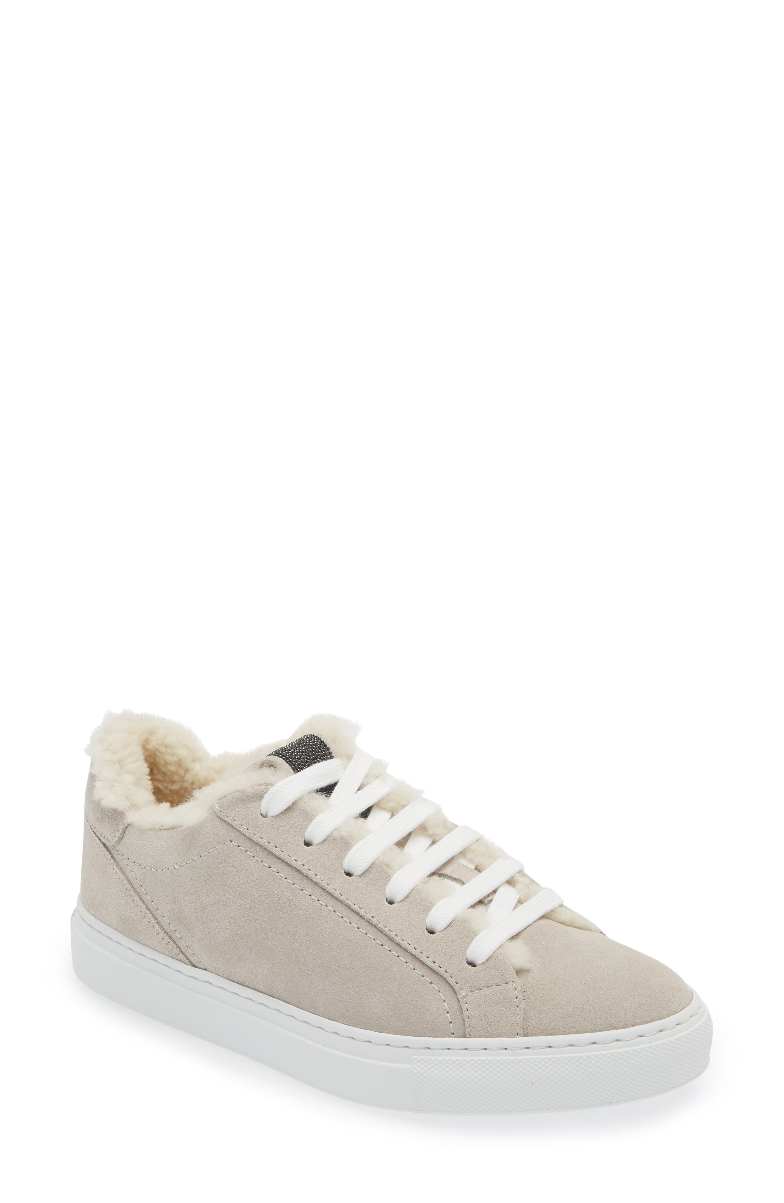 Brunello Cucinelli Monili Detail Genuine Shearling Lined Suede Sneaker, Main, color, C9593 Quarzo