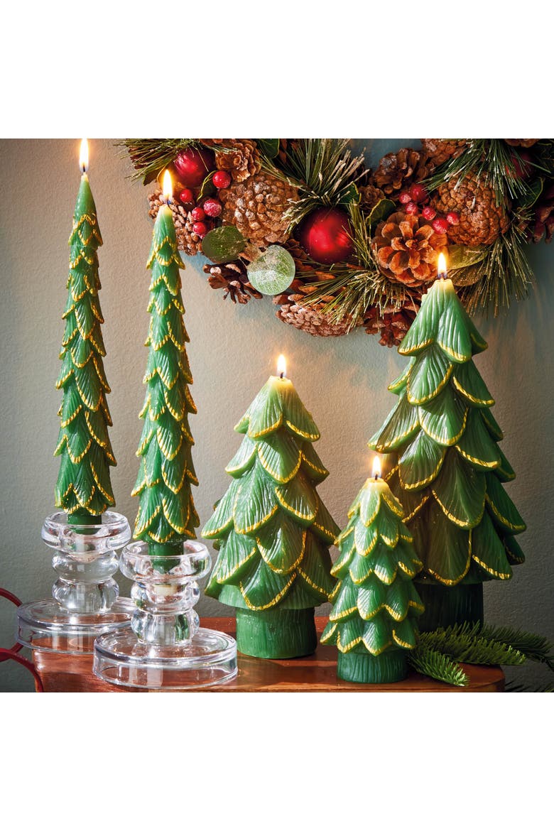Gilded Pine Tree Green Candle Sculpted Novelty Christmas Decor, Alternate, color, Green