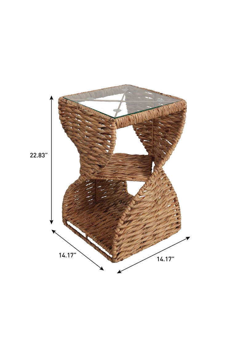Suraya Bohemian Woven Swirl Square End Table with Glass Top, Open Storage Shelf, Hourglass Accent Side Table, Alternate, color, Natural