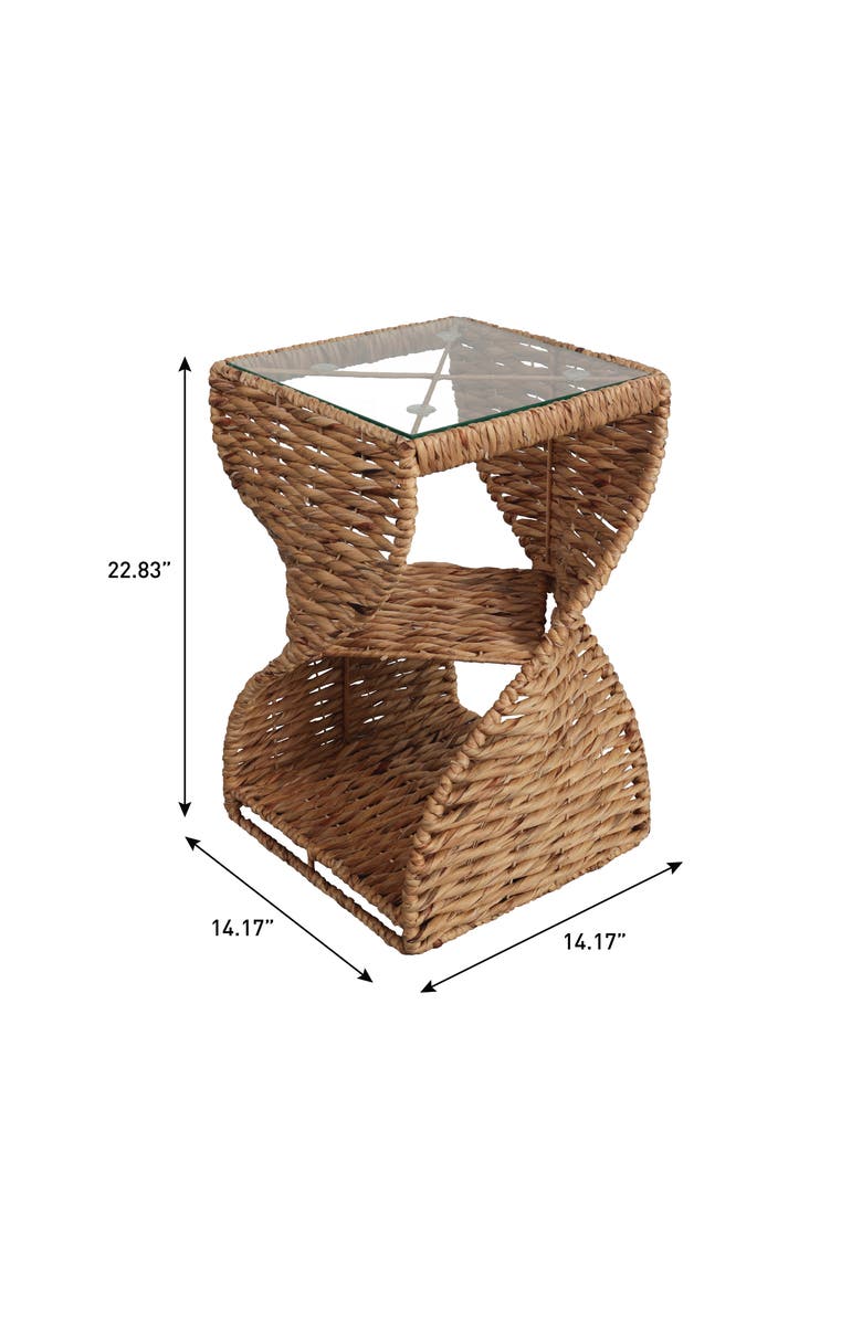 JONATHAN Y Suraya 14" Coastal Bohemian Handwoven Water Hyacinth Sculptural Twisted End Table with Glass Top and Storage Shelf, Alternate, color, Natural