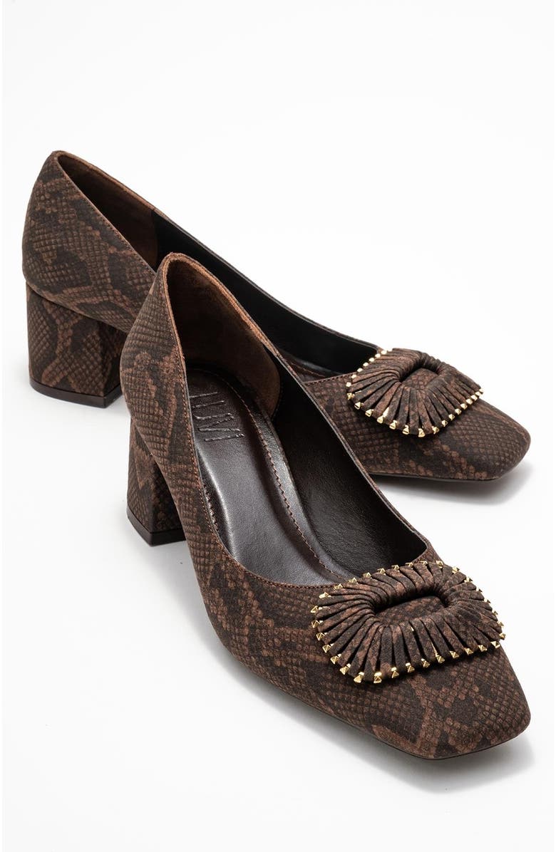 Prologue Shoes Velora Buckle Square Toe Block Heel Pump, Alternate, color, Brown Pattern