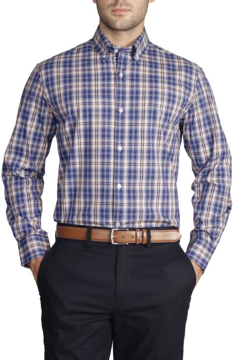 Navy Khaki Plaid Long Sleeve Cotton Stretch Button Down Shirt