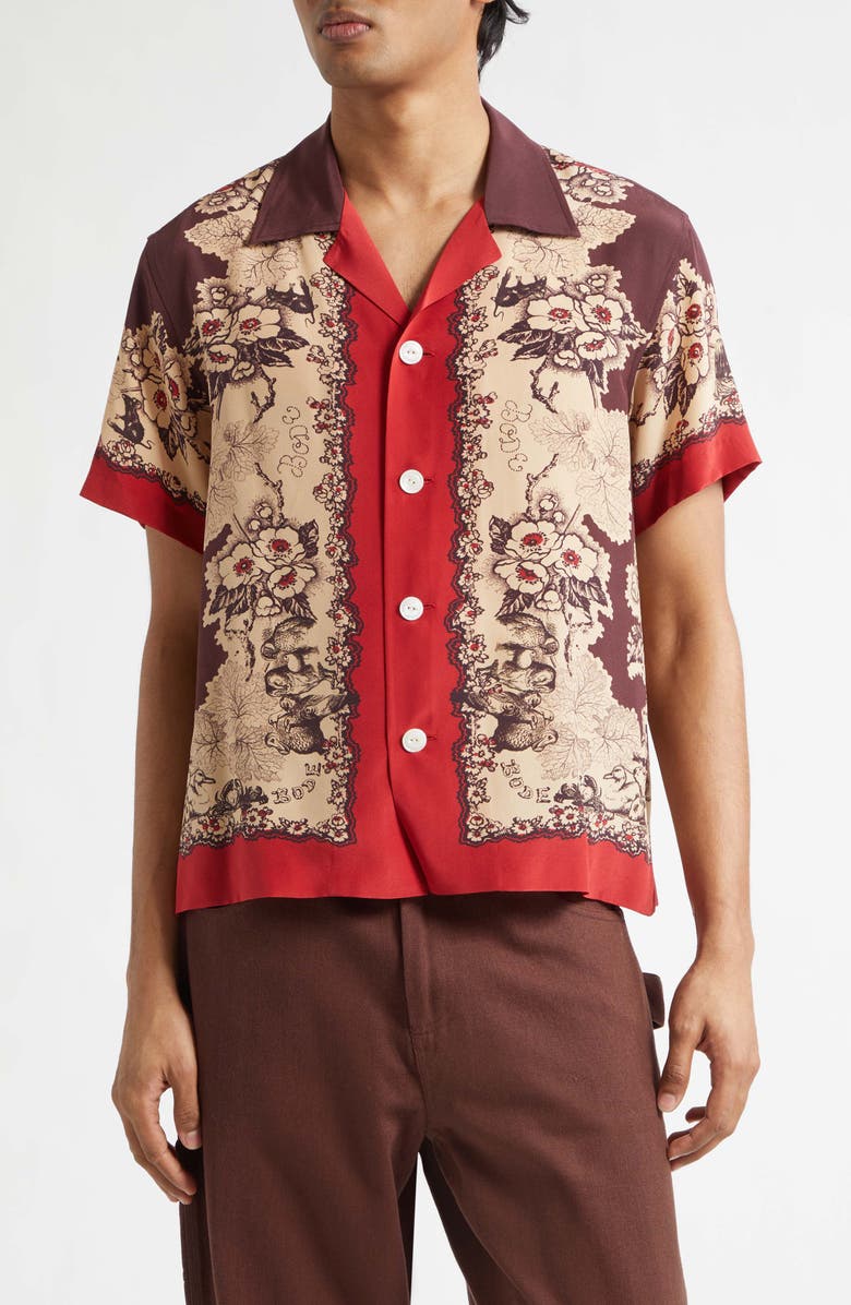 Bode Storybook Silk Camp Shirt, Main, color, Red Black