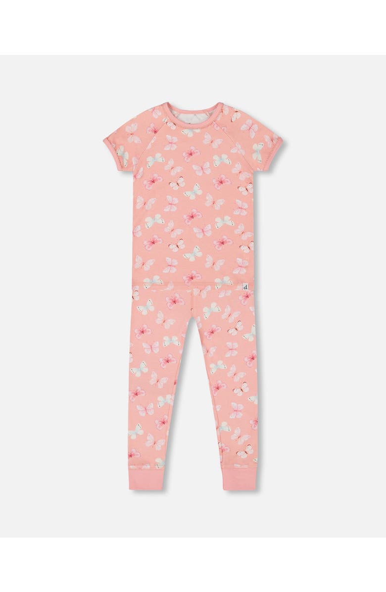 Deux par Deux Little Girl's Organic Cotton Short Sleeve Top And Pant Pajama Set Pink And Blue Butterflies On Old Pink, Main, color, 