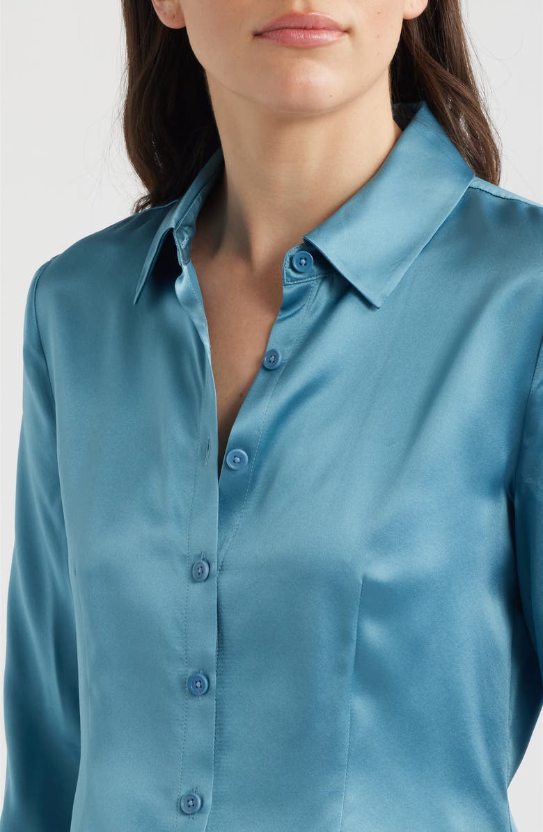 Reformation Raya Silk Button-Up Shirt, Alternate, color, Siren