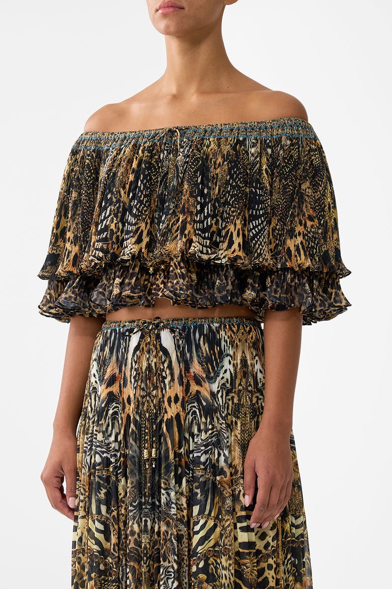 Off Shoulder Short Sleeve Pleated Top, Alternate, color, Feline Folklore
