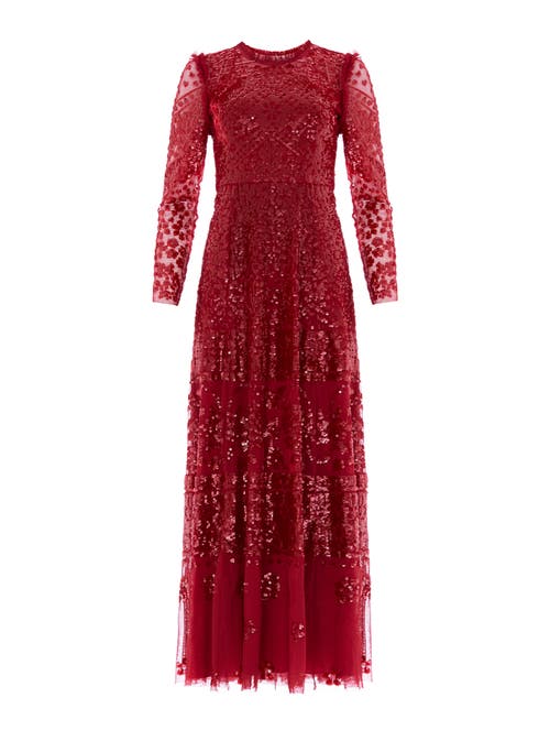 Needle & Thread Aurora Long Sleeve Round Neck Gown In Red