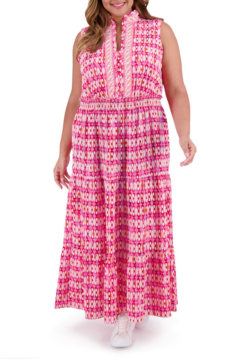 London Times Geometric Ruffle Neck Sleeveless Maxi Sundress, Main, color, Rose