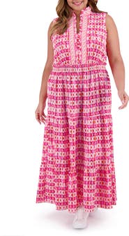 London Times Geometric Ruffle Neck Sleeveless Maxi Sundress