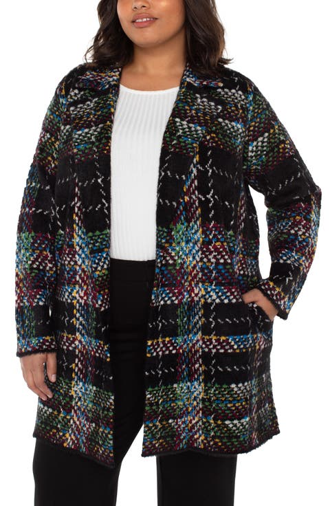 Plaid Open Front Sweater Coat (Plus)