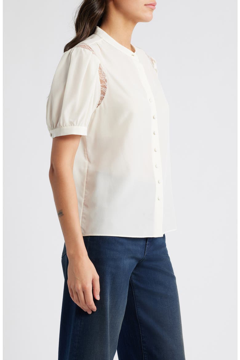 Lace Inset Silk Button-Up Shirt, Alternate, color, CREAM