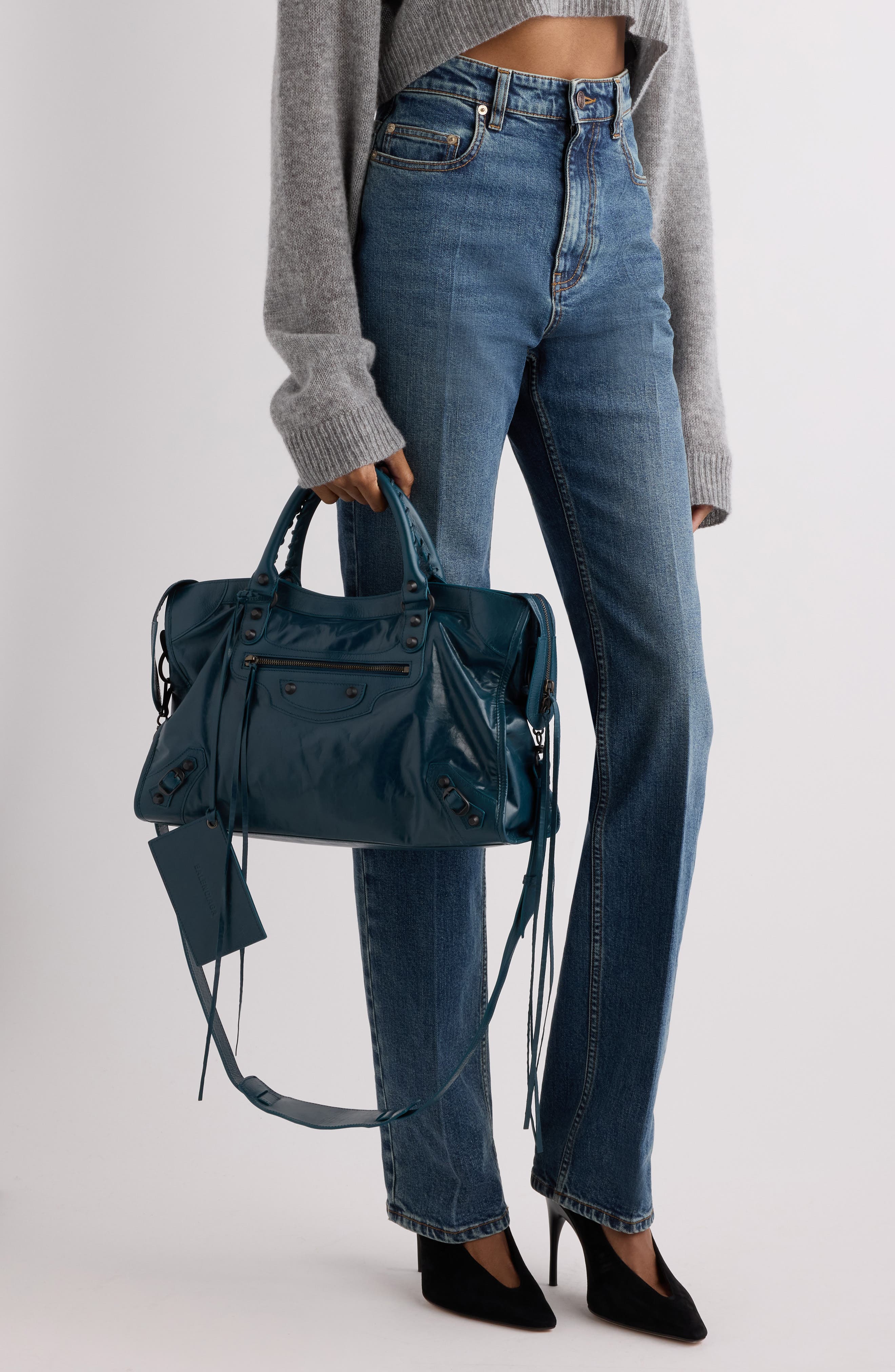 Balenciaga Medium Le City Leather Satchel, Alternate, color, Lagoon/ Cassis