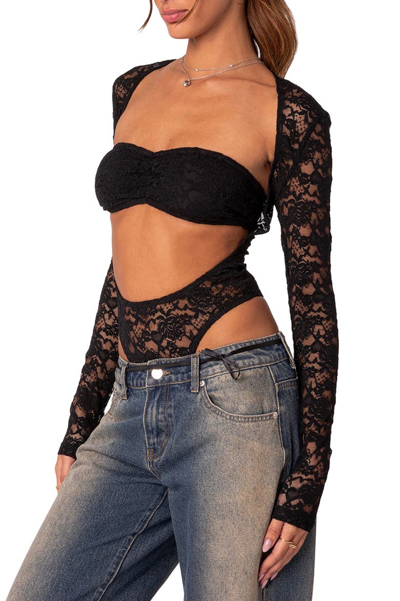 Zoey Lace Two-Piece Bandeau & Bodysuit, Alternate, color, BLACK