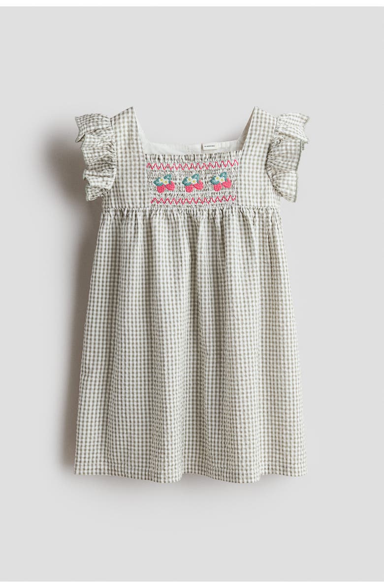 H&M Flutter-sleeved Cotton Dress, Main, color, Light Khaki Green/Raspberries