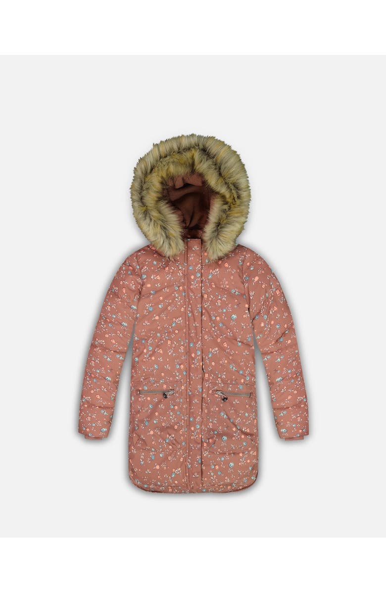 Deux par Deux Girl's Puffy Long Coat Dusty Pink With Small Flowers, Main, color, 