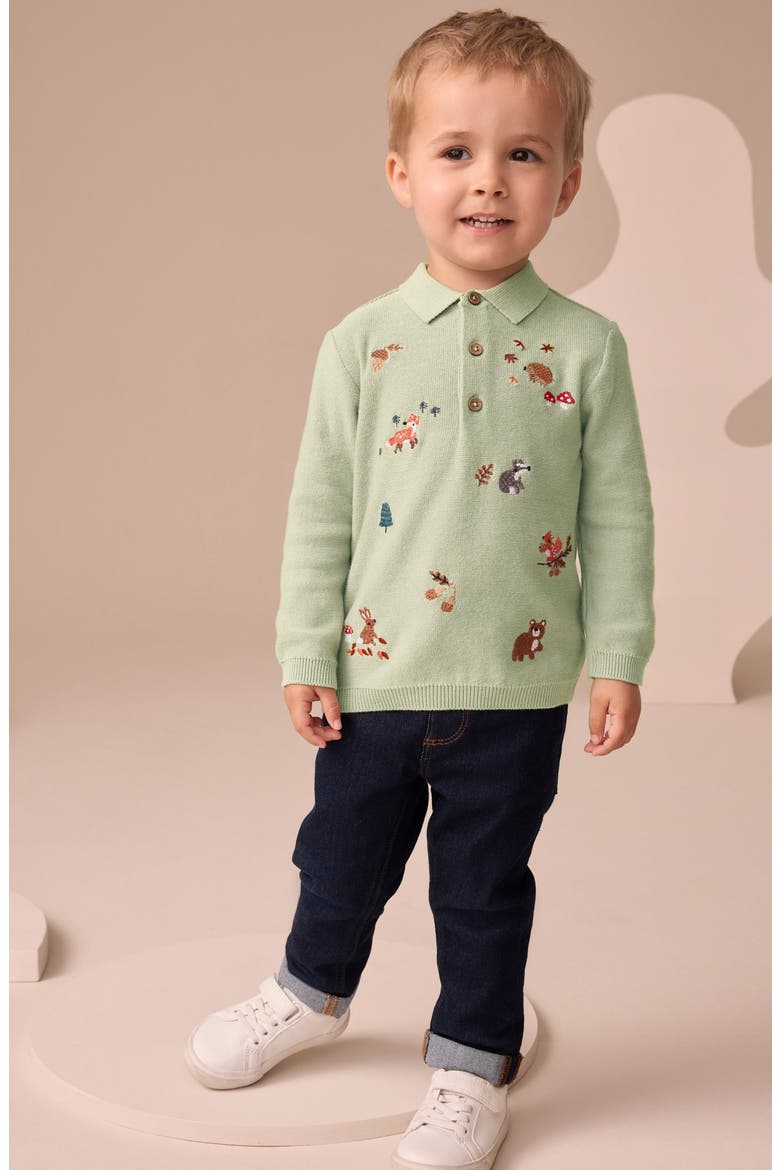 Kids' Embroidered Wildlife Long Sleeve Cotton Polo Sweater, Alternate, color, GREEN