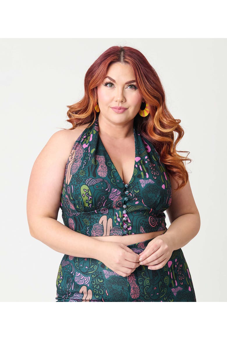 Plus Size Halter Neck Crop Top, Main, color, Green Mannequin Doodle Print