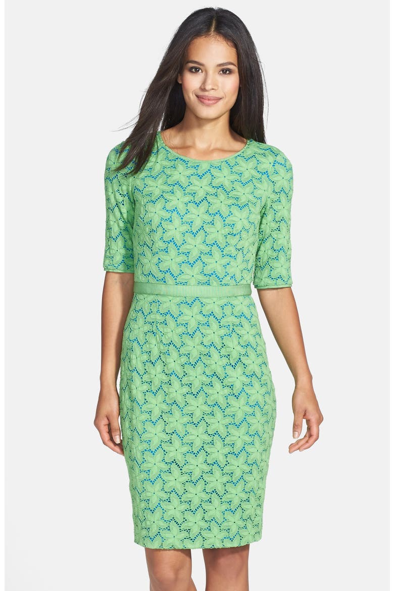 'Star Flower' Elbow Sleeve Stretch Lace Sheath Dress, Main, color, LAWN