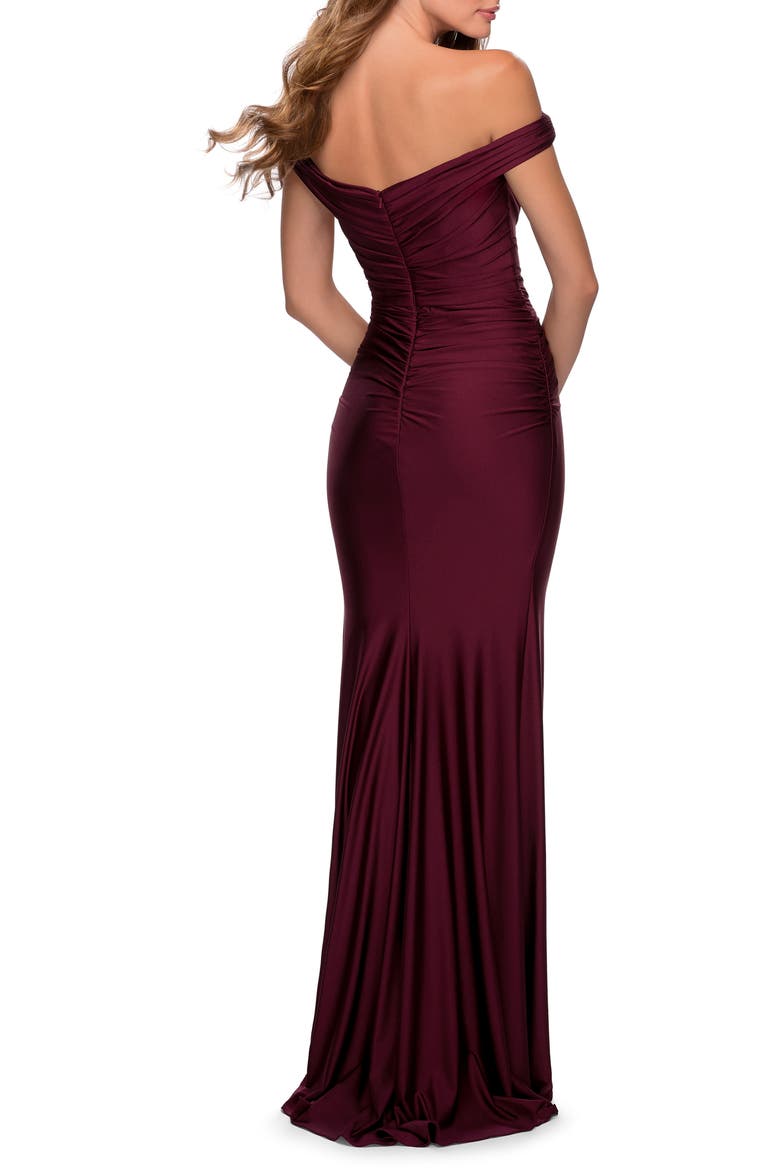 Off the Shoulder Trumpet Gown, Alternate, color, WINE