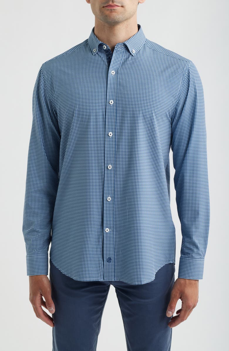 Johnston & Murphy XC+<sup>™</sup> Performance Game Day Gingham Button-Up Shirt, Main, color, Navy