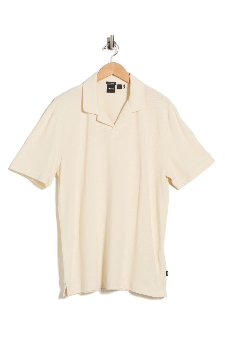 BOSS Ponti Johnny Collar Cotton & Linen Blend Knit Polo, Main, color, Off White