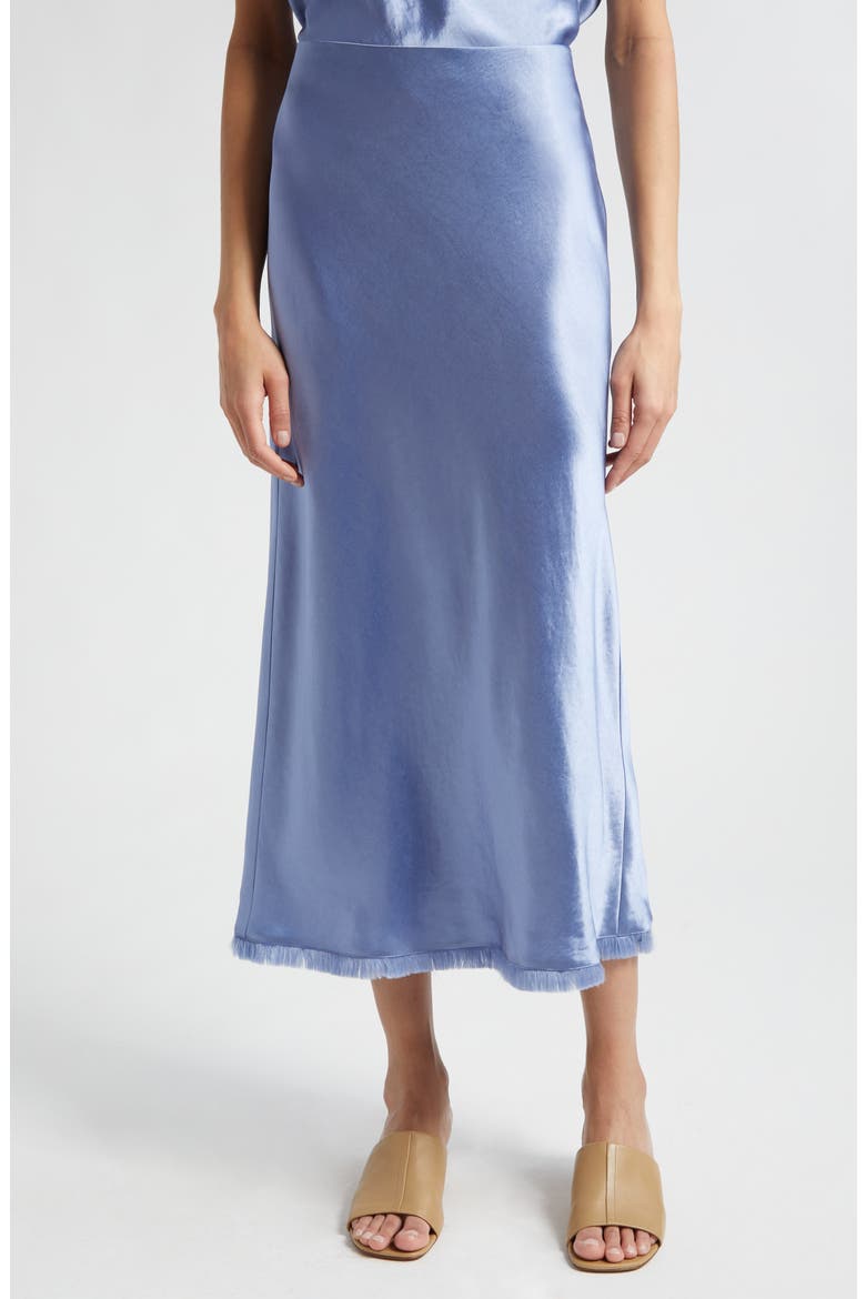 Frayed Trim Satin Midi Skirt, Main, color, 434AGM-AZURE GEM