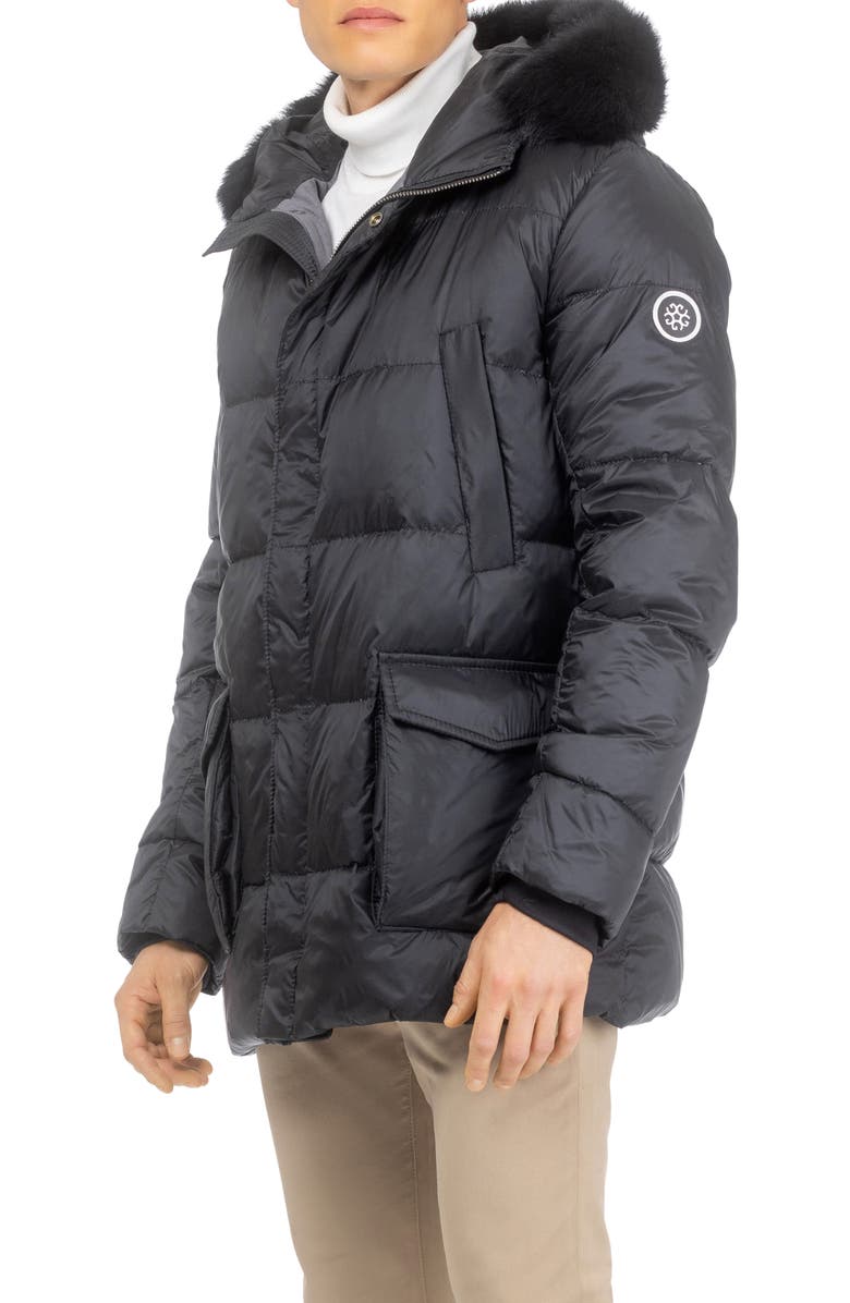 GORSKI Mens Apres-Ski Jacket with Detachable Genuine Shearling Hood Trim, Alternate, color, Black/Black