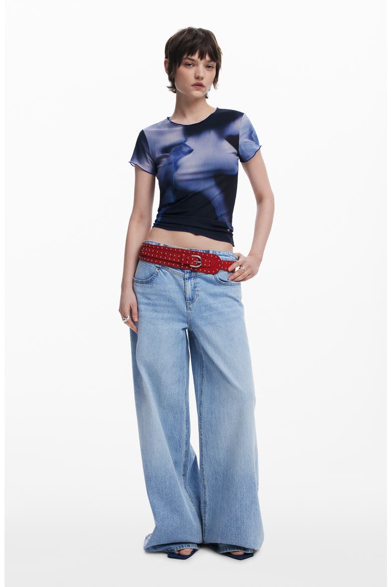 Abstract Floral Rib Top, Alternate, color, BLUE