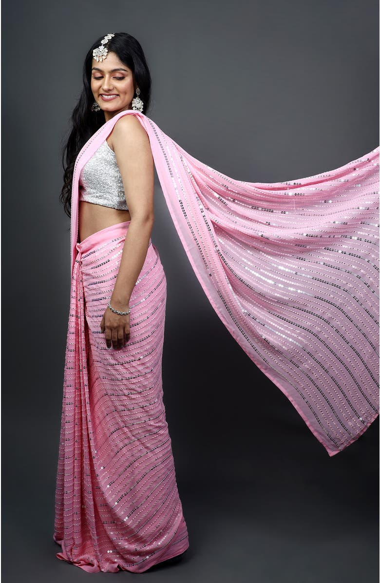 One Minute Saree<sup>®</sup> Puja Pink Georgette Silver Sequins Pre-Draped Ready to Wear Sari, Alternate, color, 