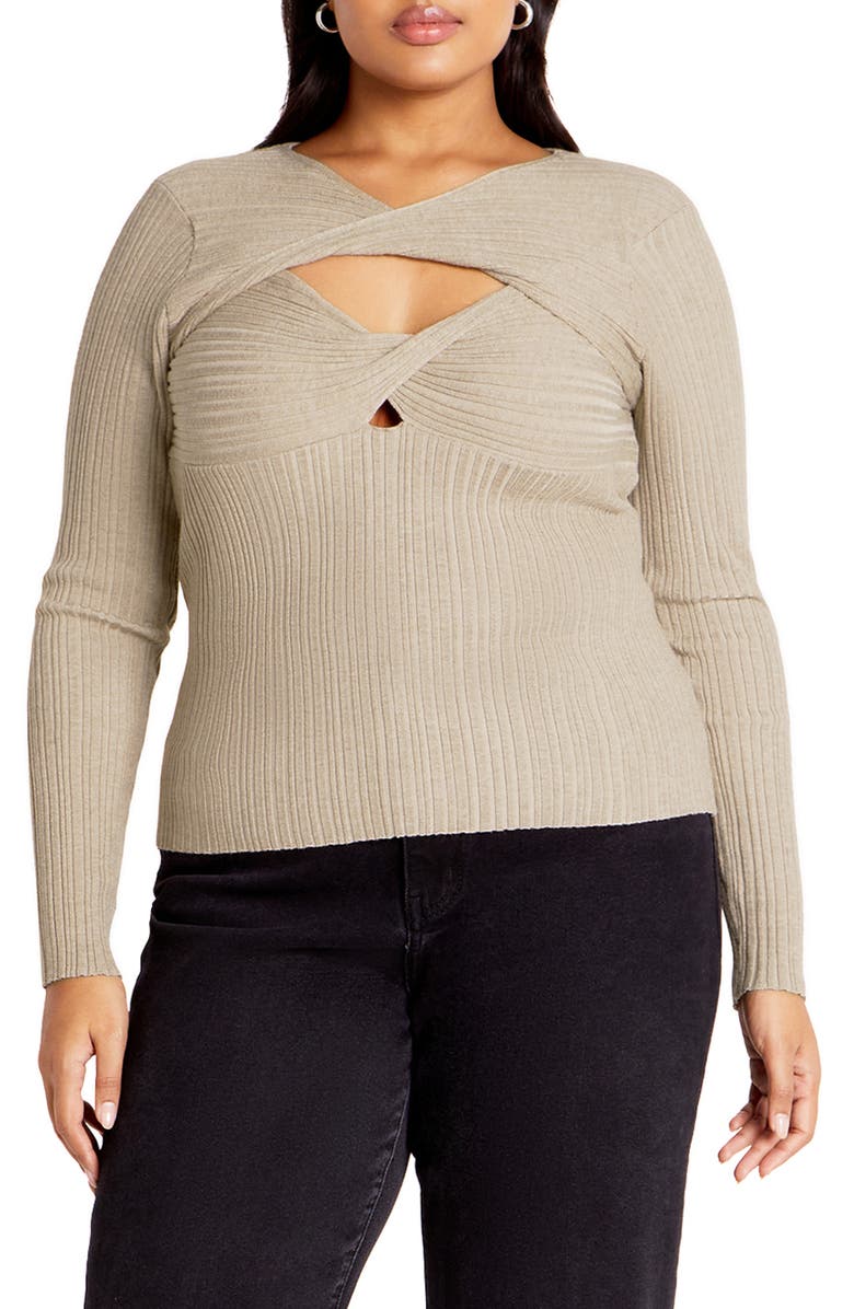 City Chic Tessa Cutout Rib Sweater, Main, color, Cream Marle