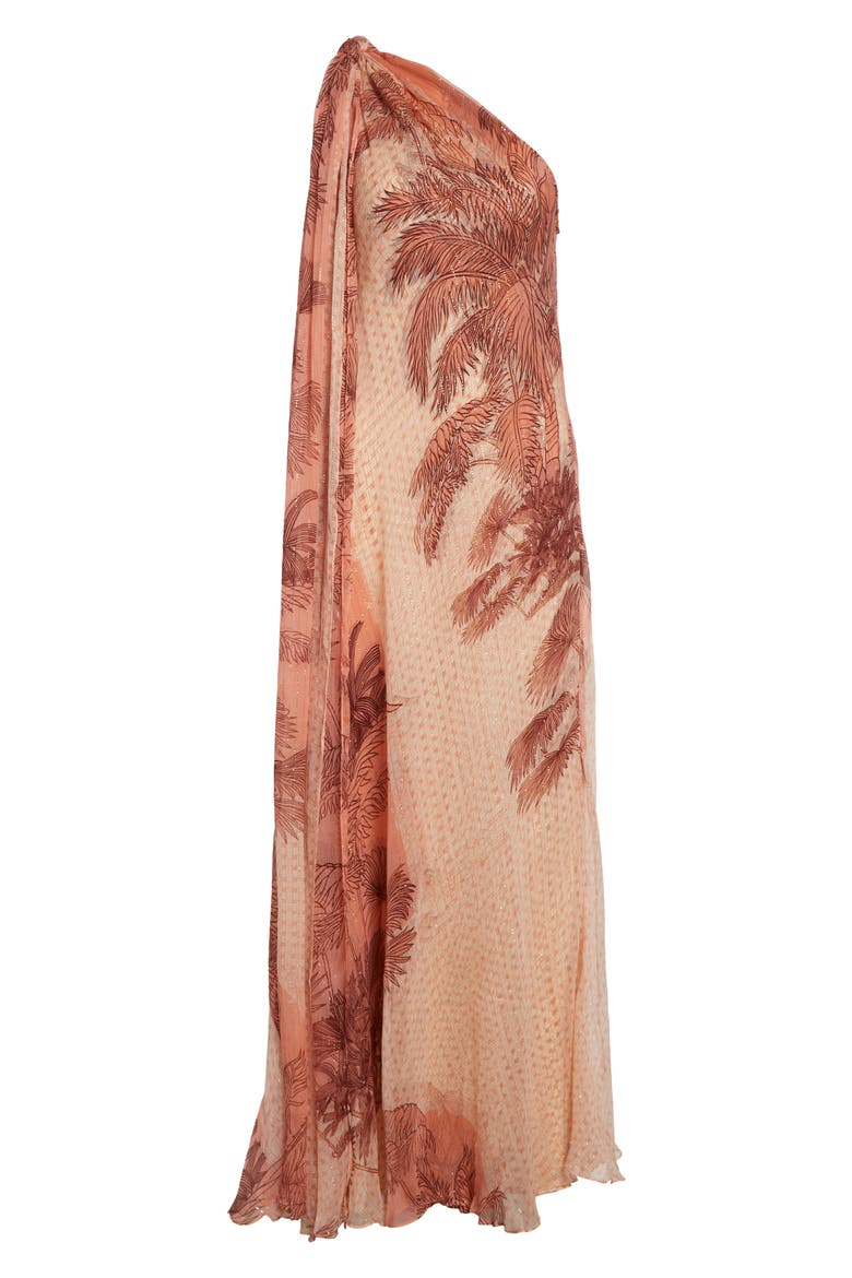 Freedom Palm Print Metallic Silk Crêpe de Chine Maxi Dress, Alternate, color, ECRU / PEACH