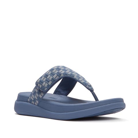 F-Mode Go Adj Checkerboard-Denim Toe-Post Sandals